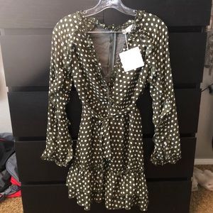 Army green and white polka dot long sleeve dress